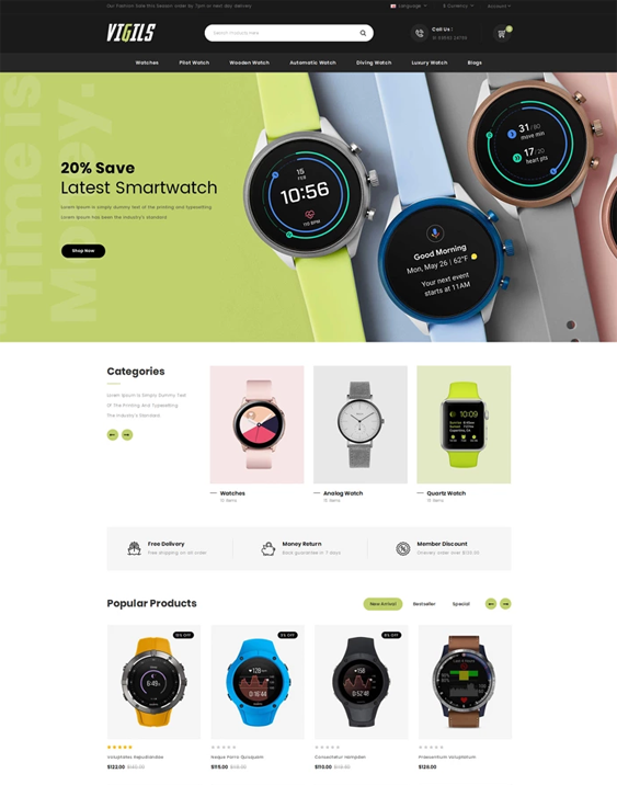 opencart theme for watch stores